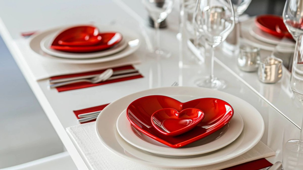 Step up your Valentine's Day dinner game with this AI-generated art of a romantic table setting. Heart-shaped decorations and elegant white and red tableware set the perfect mood for a special evening. #ValentinesDay #AIart #RomanticDinner