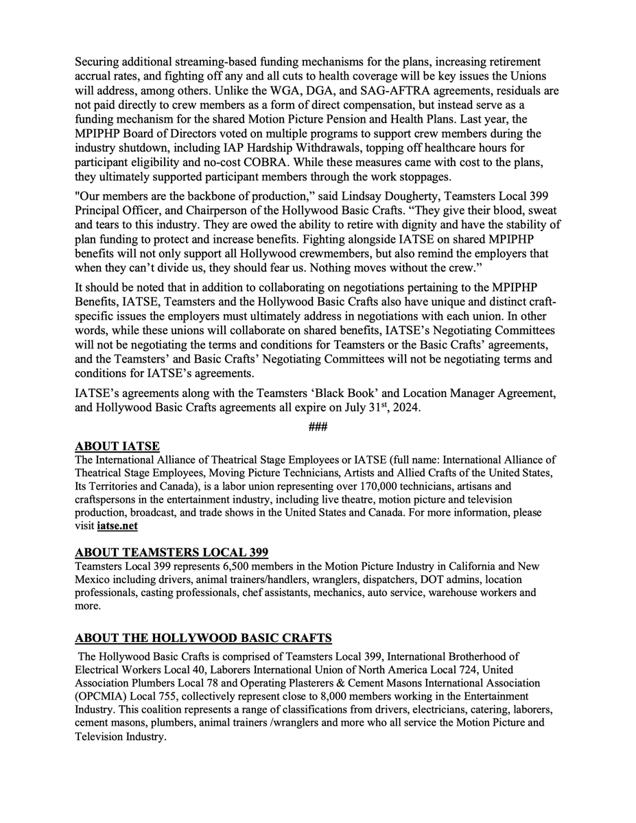 IATSE's tweet photo. BREAKING: IATSE, Teamsters, &amp; Hollywood Basic Crafts to Jointly Negotiate Motion Picture Industry Pension and Health (MPIPHP) Benefits With AMPTP.

cc. @Teamsters @Teamsters_399 @Liuna724 @IBEWLocal40 @opcmiaintl 

Full Statement: https://t.co/U9yQXzpLkH