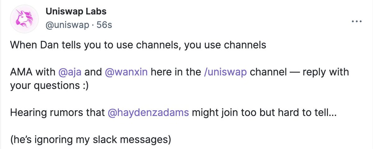 <a href="/Uniswap/">Uniswap Labs 🦄</a> team doing an impromptu Farcaster AMA in the /uniswap channel!