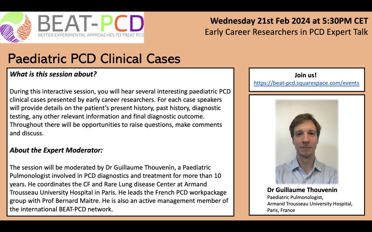 Join us on Zoom for "Paediatric PCD Clinical Cases"!

Wednesday 21st Feb at 5:30 PM CET.

Register for this interactive session via the <a href="/beatpcd/">BEAT-PCD (ERS CRC)</a> website ➡️ beat-pcd.squarespace.com/events

<a href="/YinTing_Lam/">Yin Ting Lam</a> #PCD