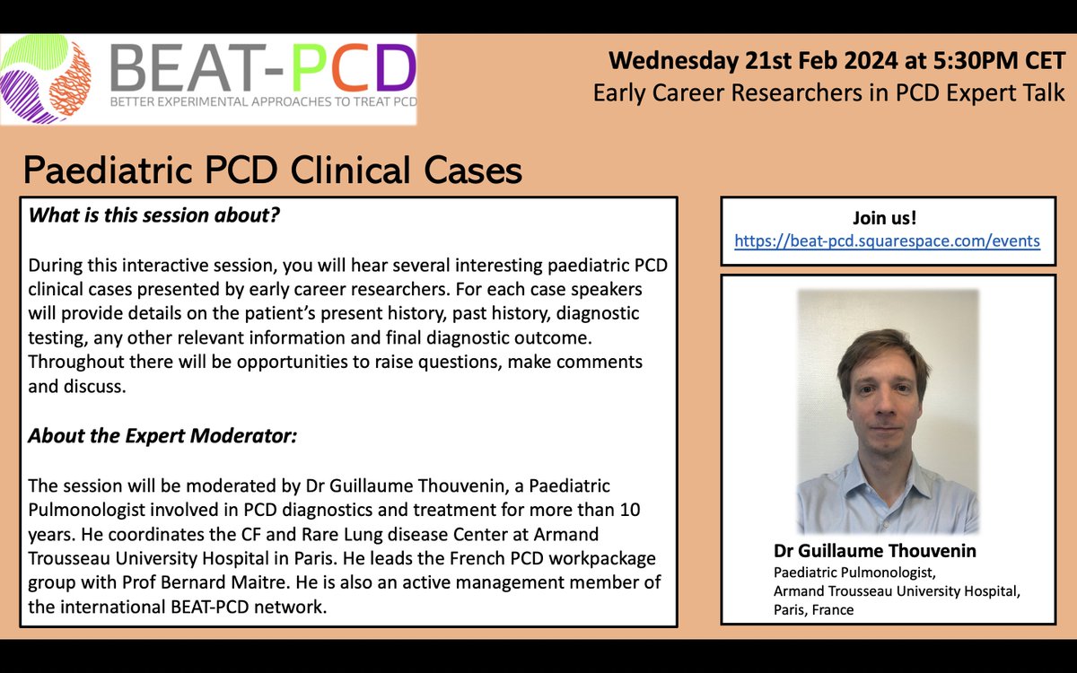 Join us on Zoom for 'Paediatric PCD Clinical Cases'! Wednesday 21st Feb at 5:30 PM CET. Register for this interactive session via the @beatpcd website ➡️ beat-pcd.squarespace.com/events @YinTing_Lam #PCD