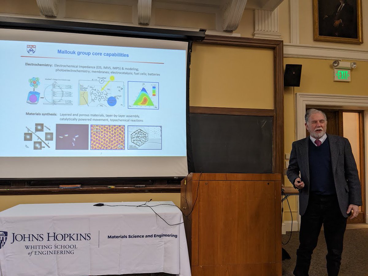 Professor Tom Mallouk from @PennChemistry spoke today at the @JHUMaterials Seminar on 'Managing Electrons and Protons In Solar and Electrochemical Energy Conversion.'
