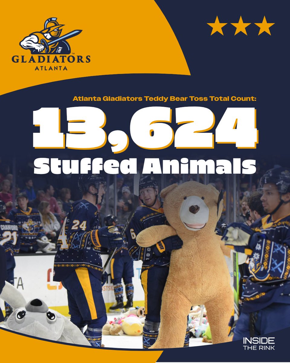inside_the_rink's tweet photo. One of the BEST events during the @ECHL season is the Teddy Bear Toss.
This year, we tracked them all and have brought you 3 SUPERSTARS!
⭐️ 14,762 @JaxIcemen
⭐️⭐️14,237 @SCStingrays
⭐️⭐️⭐️ 13,624 @atlgladiators
Well done to you and your fans!
#EHCL
🔗https://t.co/3WEWKlbEM4 https://t.co/xdOZHPiiyb