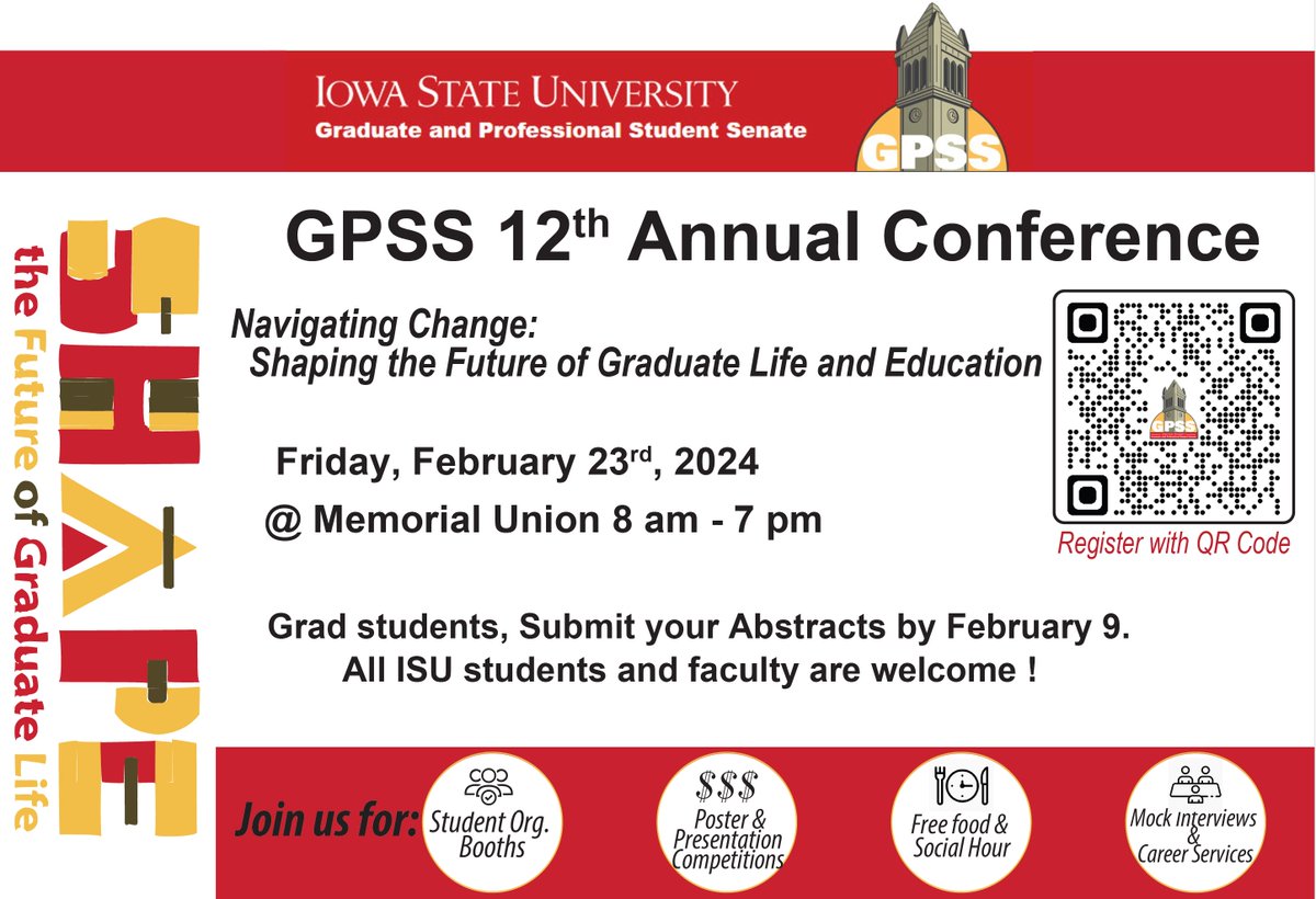 ISUGPSS's tweet image. Graduate students, we would like to invite you all to register and submit abstracts for our 12th Annual Graduate and Professional Student Conference, which is a free opportunity for graduate and professional students to highlight their work while practicing presentation skills!
