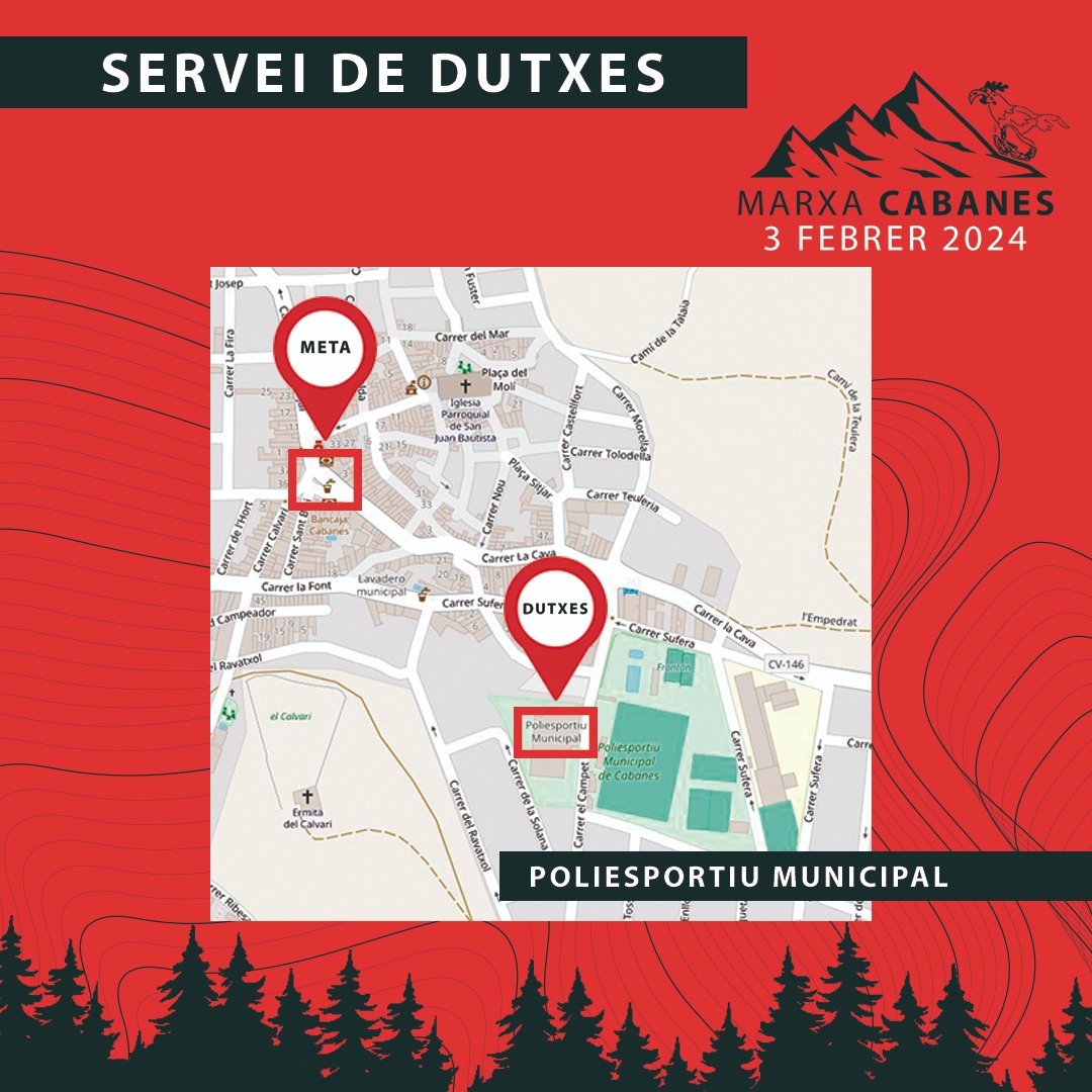 RunningCabanes's tweet photo. Vos presentem el punt d’encontre de la marxa, la PLAÇA ELS HOSTALS. Lloc on estarà ubicada la recollida de dorsals, la zona de sortida i meta i l’avituallament final on podreu esmorzar 🥖🍺

🚿 Vos recordem que tindreu disponible el servei de dutxes al POLIESPORTIU MUNICIPAL https://t.co/aH66jwjSAb