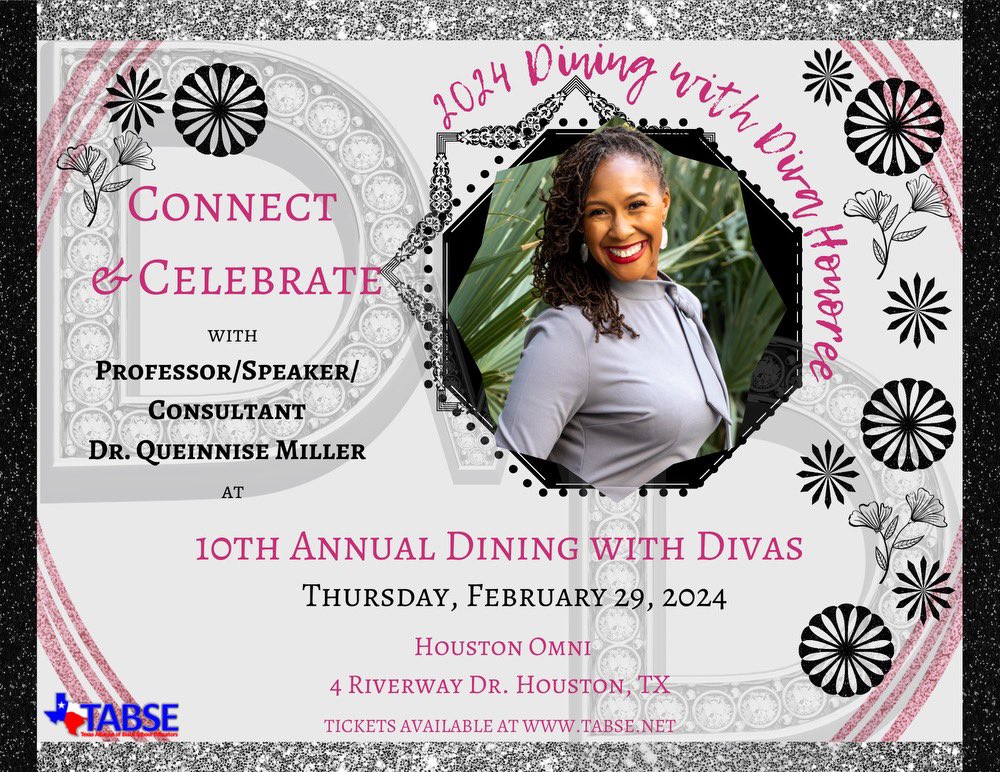 Dining with Divas “Diamond Spotlight” shines brightly on Dr. Queinnise Miller ! Help us congratulate Queinnise for all her good works! Join us at the 39th Annual @TABSE_Texas Conference to celebrate her. #DWD2024 @Queinnise