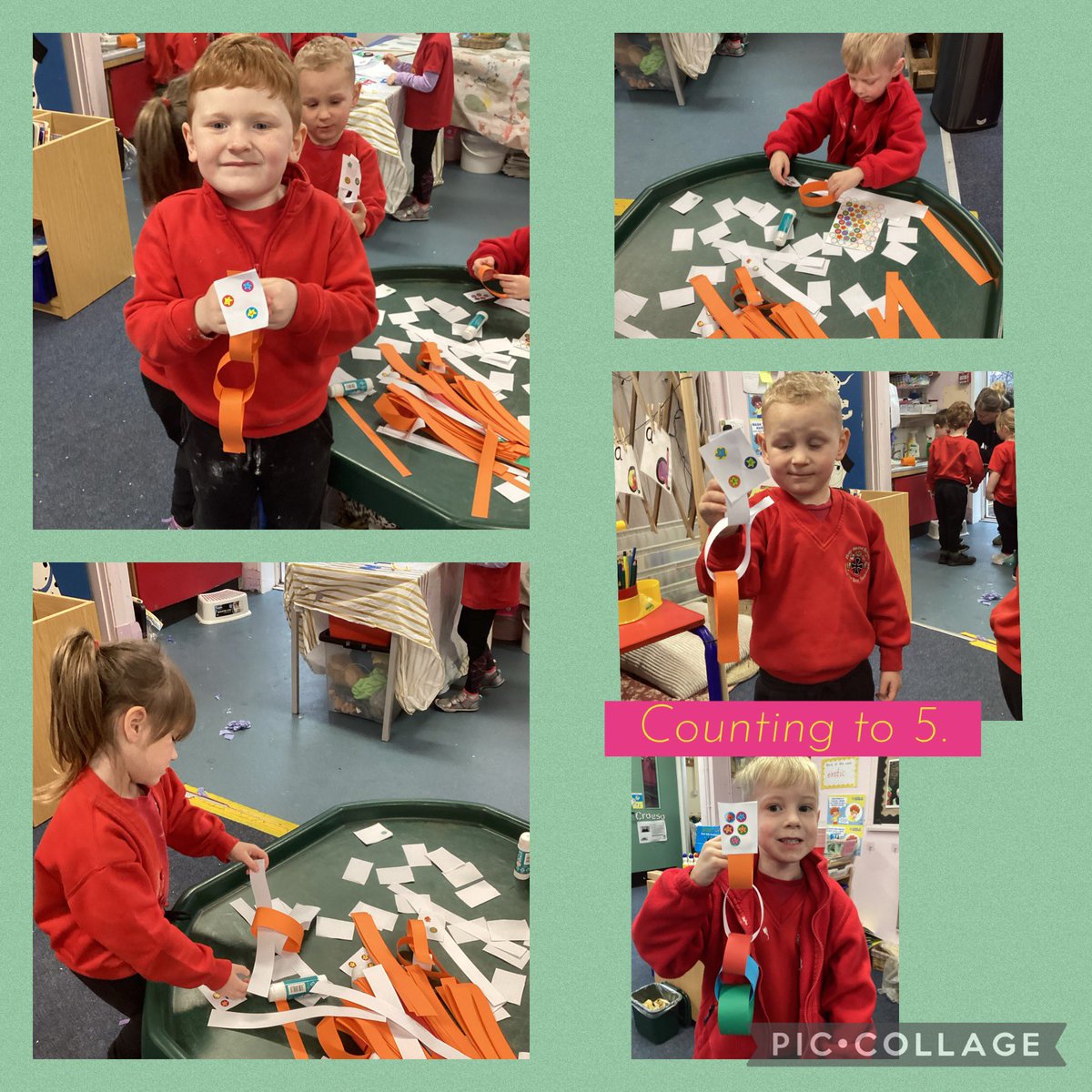 Rydyn ni’n datblygu ein sgiliau rhifau. We are developing our number skills by making paper chains that match the number of stickers on our cards. #mathsskills #finemotorskils #independentlearning