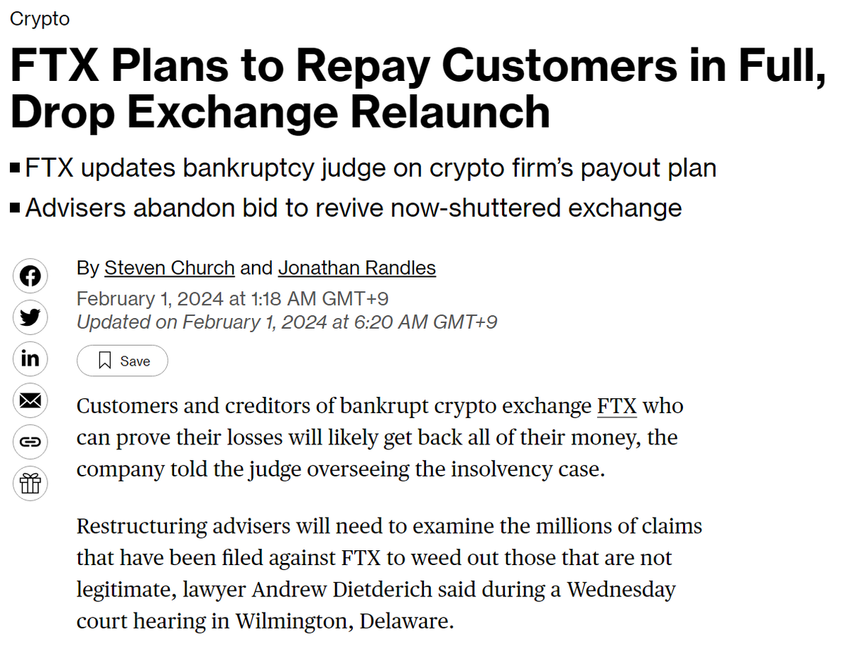 速報：破産した仮想通貨取引所のFTXは破産財産の回収に伴い、元顧客の債権者に対して債権額の100%を弁済できると考えているという。FTXは2023年末時点で70億ドルの破産財産を回収しており、仮想通貨高騰が大きな理由であるとみられる🤔  #FTX #仮想通貨 #暗号資産 #ビット ...