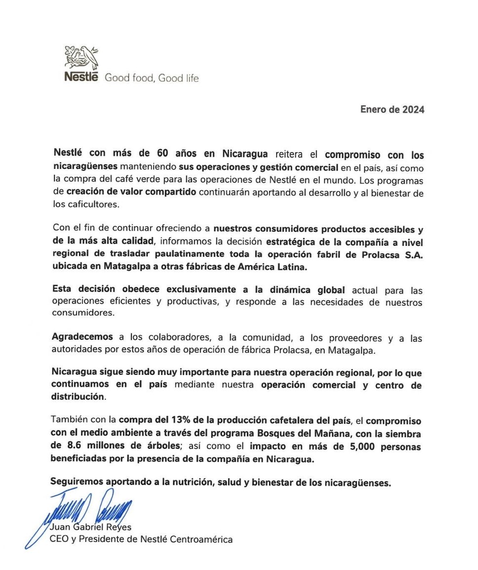 Comunicado #Nestlé 

#2024LaPatriaLaRevolución 
#ManaguaSandinista