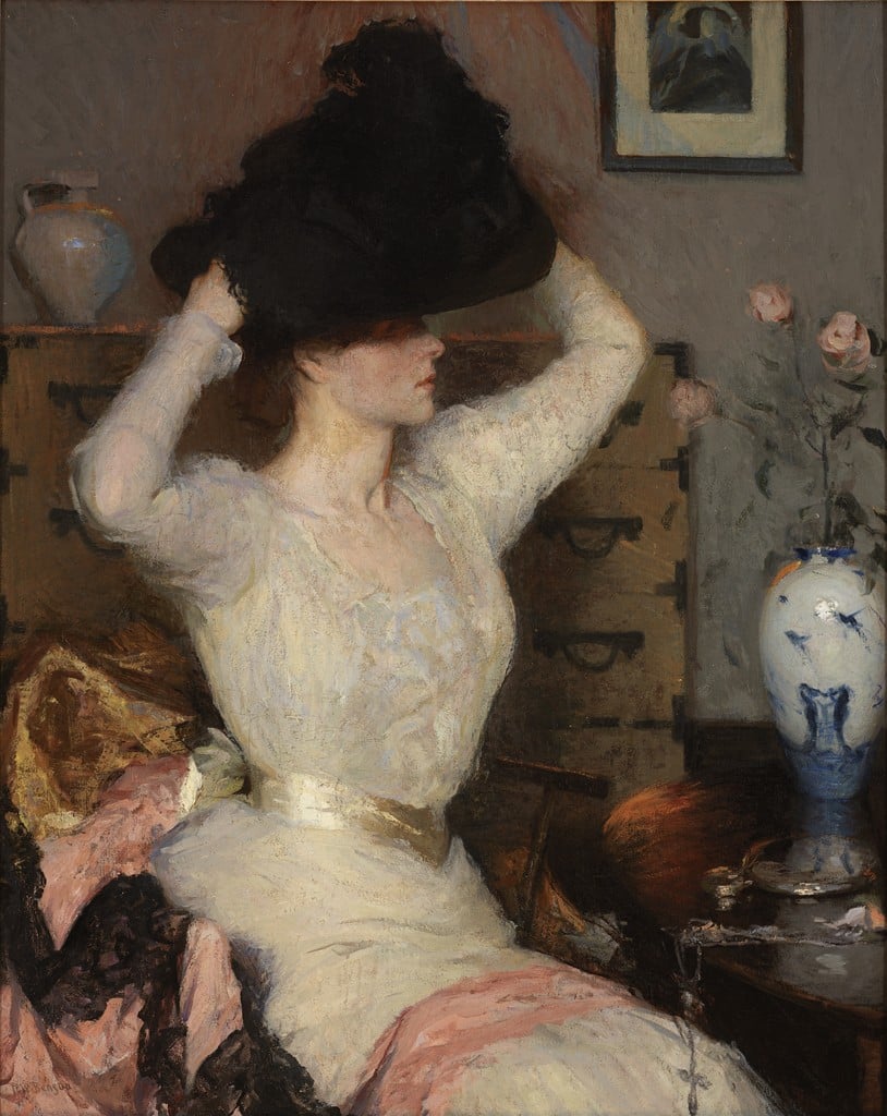 Summer54975311's tweet photo. Frank Weston Benson. Trying on a Black Hat. #art #painting #portrait #millenery https://t.co/cGCKNi3Xb1