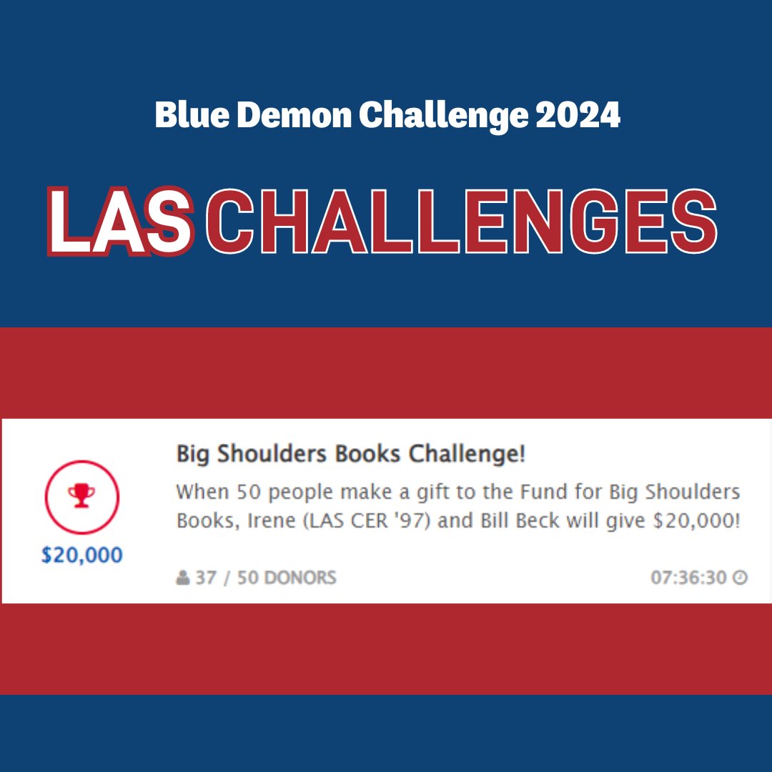 Big Shoulders Books is just 13 donors away from receiving a pledged gift of $20k! Your gift, of any size, gets us that much closer to closing out this challenge. Let's do this #DePaulLAS! Give at: challenge.depaul.edu/giving-day/808… #bluedemonchallenge #thankyou
