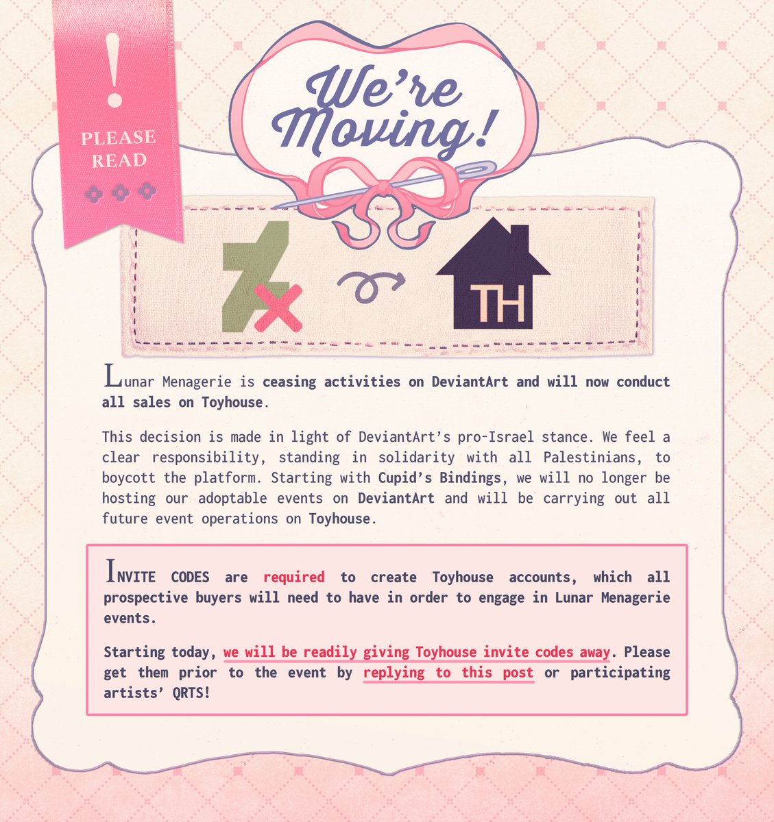 💗 𝙁𝙍𝙀𝙀 TOYHOUSE CODES ‼️ Lunar Menagerie is moving to toyhou.se! Claim your free invite code by replying to this post or participating artists's QRTs! #cupidsbindings 📖