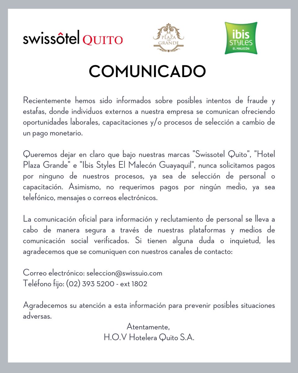 Estimada comunidad,

Nos dirigimos a ustedes para compartir un comunicado oficial de H.O.V Hotelera Quito S.A. que contiene información de suma importancia.
