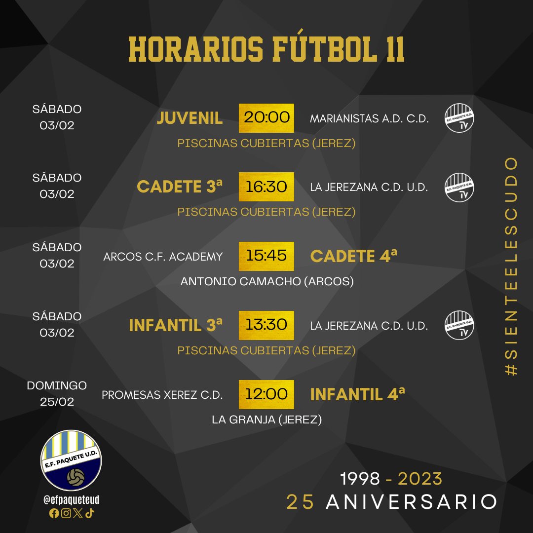 efpaqueteud_'s tweet photo. 𝗛𝗢𝗥𝗔𝗥𝗜𝗢𝗦 𝗗𝗘 𝗣𝗔𝗥𝗧𝗜𝗗𝗢𝗦 🔵🟡

📅🕡 Partidos correspondientes al fin de semana del 02/02 al 04/02.

🔴📹 Los partidos marcados con el logo de 𝙀𝙁𝙋𝙐𝘿 𝙏𝙑 serán retransmitidos en directo en nuestro canal de Twitch ⬇️

https://t.co/SaHJvKFBCm

#SienteElEscudo https://t.co/7oOwMpftaW