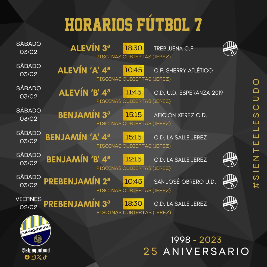 efpaqueteud_'s tweet photo. 𝗛𝗢𝗥𝗔𝗥𝗜𝗢𝗦 𝗗𝗘 𝗣𝗔𝗥𝗧𝗜𝗗𝗢𝗦 🔵🟡

📅🕡 Partidos correspondientes al fin de semana del 02/02 al 04/02.

🔴📹 Los partidos marcados con el logo de 𝙀𝙁𝙋𝙐𝘿 𝙏𝙑 serán retransmitidos en directo en nuestro canal de Twitch ⬇️

https://t.co/SaHJvKFBCm

#SienteElEscudo https://t.co/7oOwMpftaW