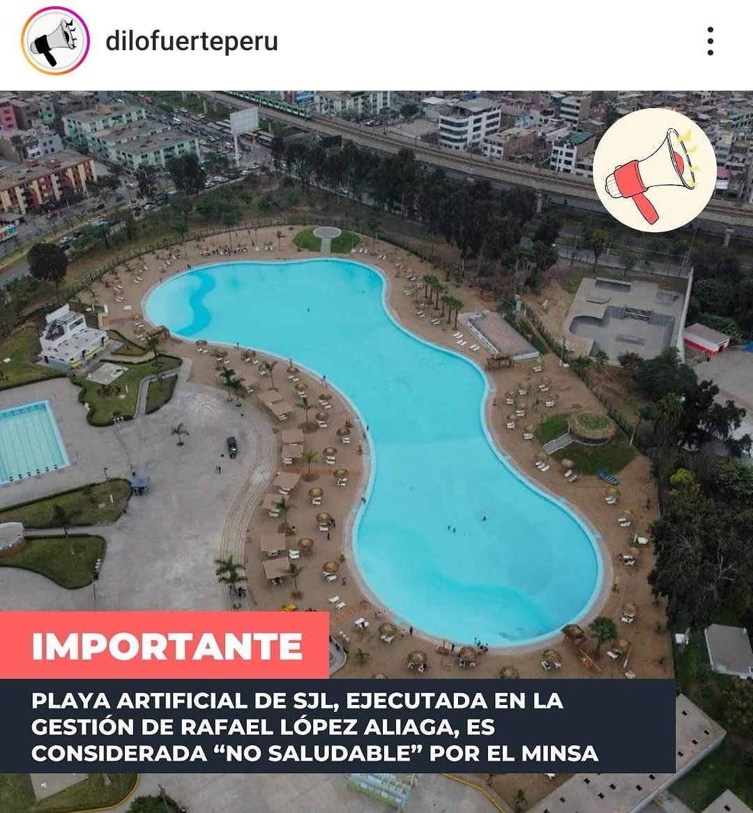 LaSalitadelSin's tweet photo. 🔴 Playa Artificial inaugurada por el alcalde de Lima, Rafael López Aliaga es declarada por el Minsa como NO SALUDABLE. 
En este proyecto, se despilfarró
S/. 145 mil soles de la comuna limeña. https://t.co/8BTOcb2604