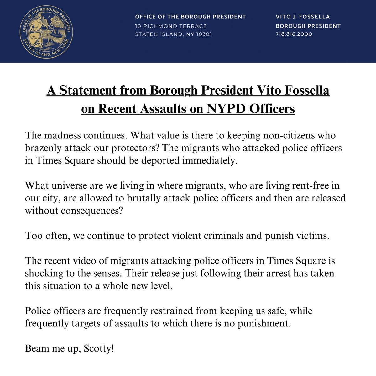 🚨A Statement from Borough President Vito Fossella on Recent Assaults on NYPD Officers