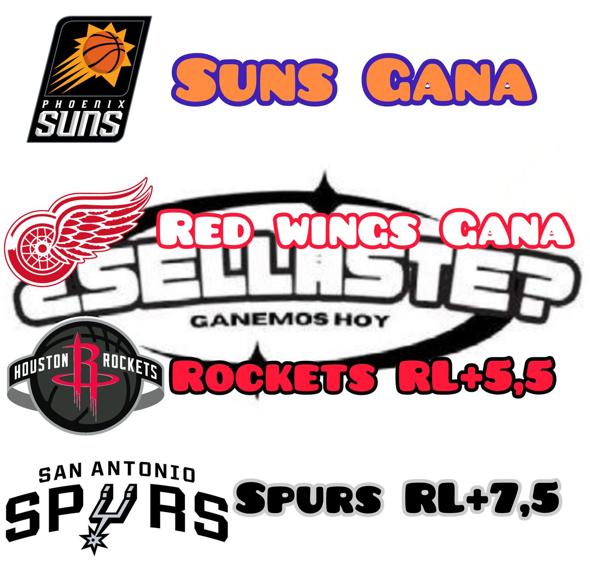 sellaste's tweet photo. Así vamos esta noche

No fallamos con la información del canal
https://t.co/rrxSYwAY7n

@Suns Gana 
@DetroitRedWings Gana
@HoustonRockets RL+5,5
@spurs RL+7,5

#parley #NBA #NHL24 #suns #Spurs #detroit #phoneix #Rockets https://t.co/Ynv8Srk5KK