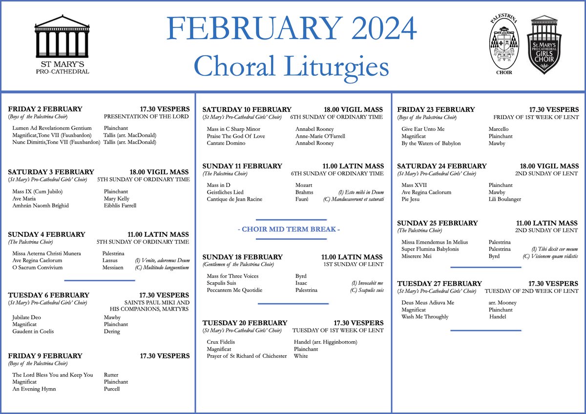 February music list. All welcome. @dublindiocese @BlanaidMurphy @ShaneBarriscale