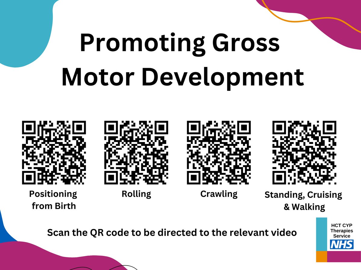 Our 'Promoting Gross Motor Development' webinar series provides information and progression ideas from birth to walking. You can find all 4 videos in the series in this poster where scanning the QR codes will take you to the relevant video

<a href="/HCTNHS/">Hertfordshire Community NHS Trust</a> <a href="/TheAPCP/">TheAPCP</a> <a href="/thecsp/">Chartered Society of Physiotherapy (CSP)</a>