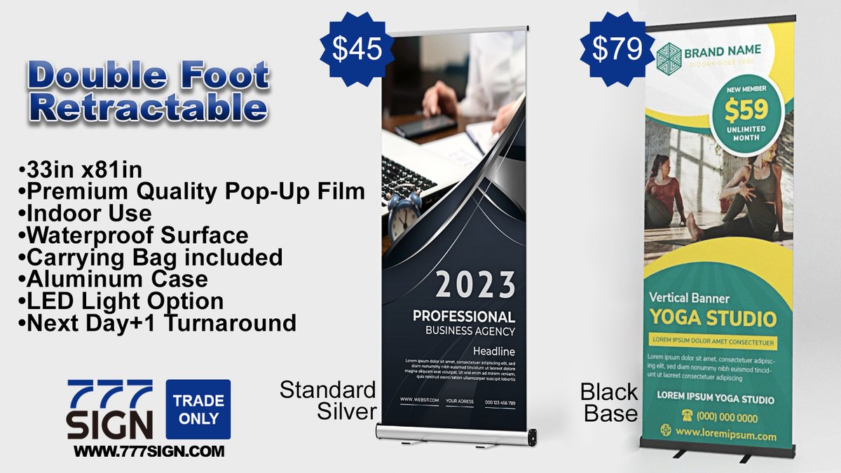 777signCom's tweet image. Stand out at events with our Double Foot Retractable Banner Stands! Easy setup, portable, and eye-catching. Perfect for trade shows, conferences, and more! 777sign.com #BannerStands #TradeShowMarketing #EventAdvertising #PortableDisplays #MarketingTool