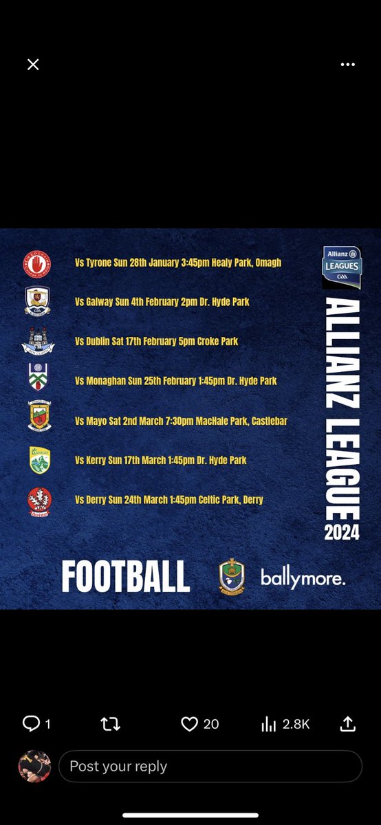 📺 Another great weekend's GAA activity on TV

🗓️ Saturday
⚾ 2pm: Dublin v Tipperary (TG4)
🏐 7.15pm: Mayo v Dublin (RTÉ2)

🗓️ Sunday
⚾ 1.45pm: Clare v Cork (TG4)
🏐 3.45pm: Derry v Tyrone (TG4)
🏐 5.35pm: Deferred game TBC (TG4)
🏐 9.30pm: League Sunday (RTÉ2)
💛💙💛💙#rosgaa