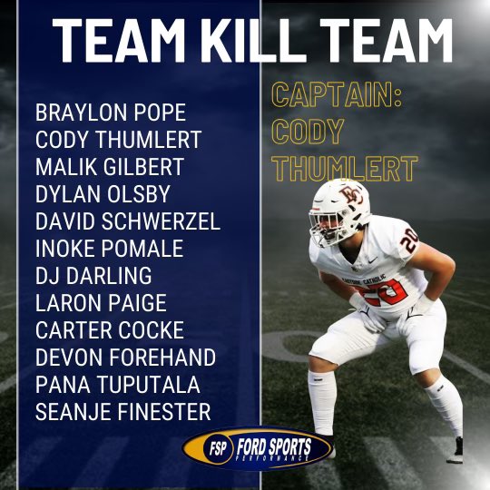 TEAM FSP COMBINE TRAINING: TEAM KILL TEAM Captain @CodyThumlert @Braylon_pope3 @Malik_Shifty4 @DylanOlsby @DavidSchwerzel @usai_78 @DevardDarlingJr @laronpaige @cartercocke9 @Devon4hand @Pana_Tuputala @seanjeee_