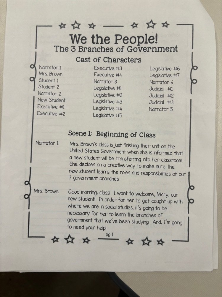 Fifth grade gets familiar with the three branches of government through readers theater.