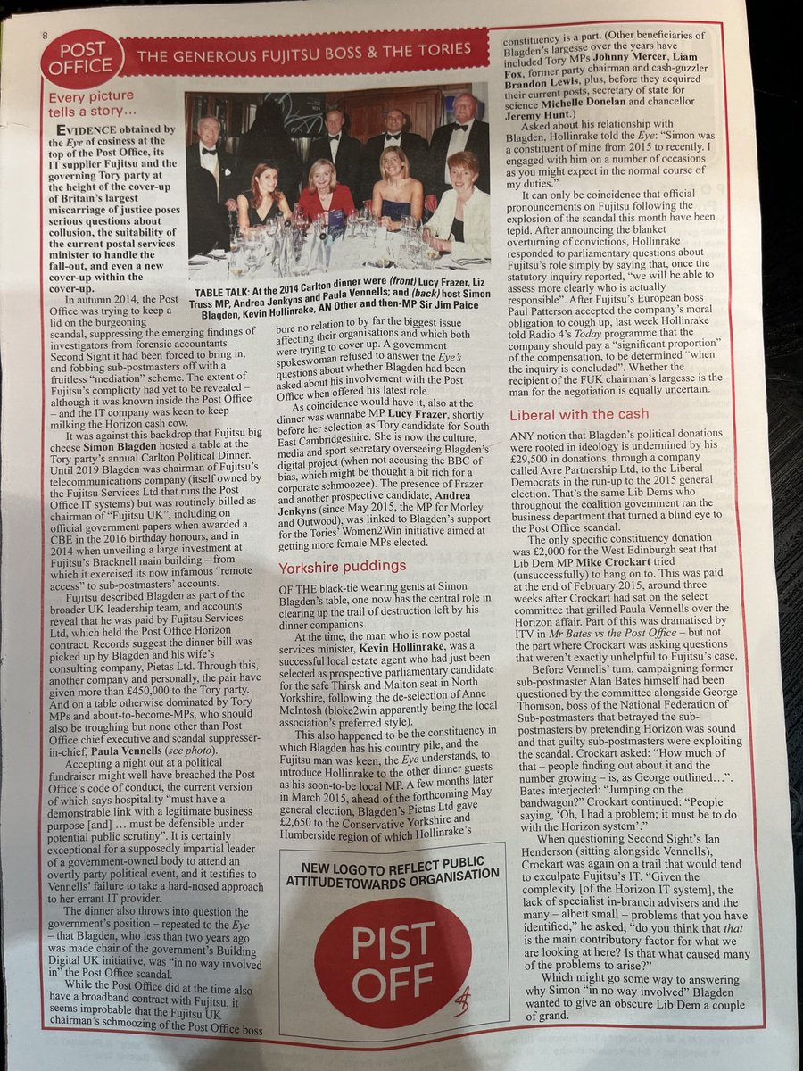 If you want to understand the British Establishment just read page 8 of latest Private Eye. The photo is from the 2014 Tory Carlton Club dinner. It includes Liz Truss, Lucy Frazer, former Post Office CEO Paula Vennells & current postal minister Kevin Hollinrake.