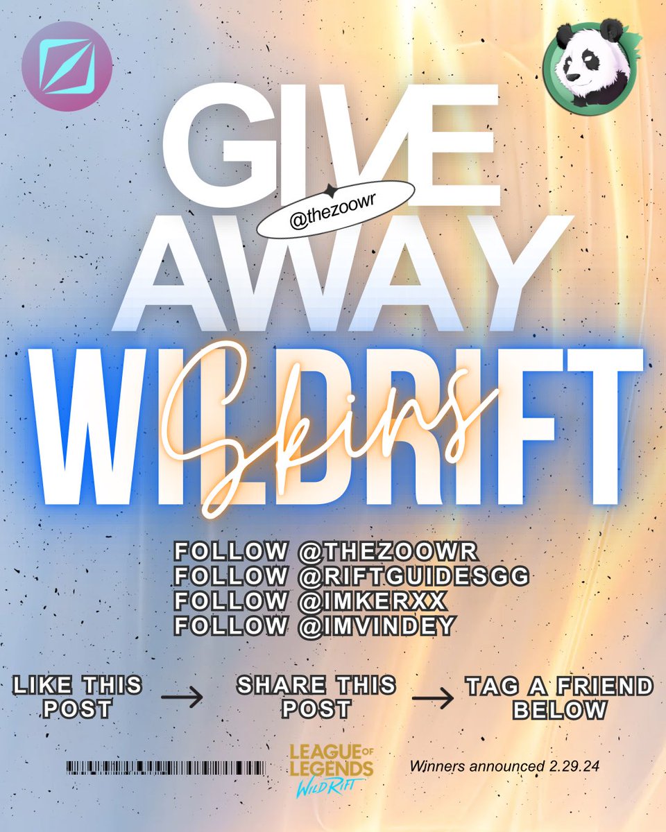 🚨 SKIN GIVEAWAY 🚨

Win 1 out of 3 skins for League of Legends #Wildrift !

Follow 
<a href="/thezoowr/">The Zoo</a>

Follow 
<a href="/RiftGuidesGG/">RiftGuides</a>

Follow 
<a href="/imKerxx/">Kerxx</a>

Follow 
<a href="/ImVindey/">Vindey</a>

LIKE, COMMENT &amp; RT

Winners announced on 29th FEB! 
GOOD LUCK!