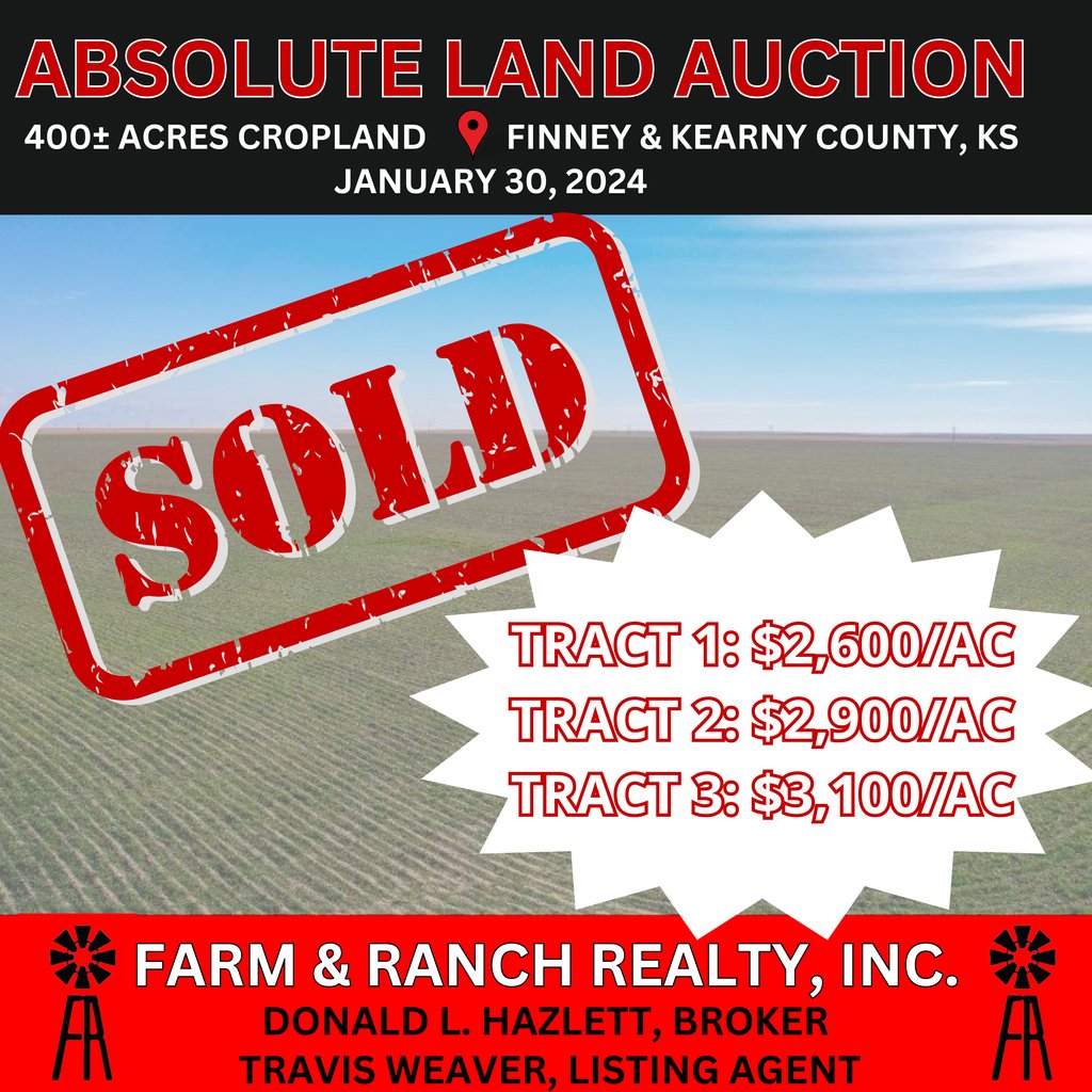 Thrilled to announce the results of our recent auction in Garden City! 400± prime cropland acres, with the added bonus of gas production, have found new owners.🌾🚜

"When you list with Farm &amp; Ranch, it's as good as SOLD!"

#AgriculturalRealEstate #AuctionResults #LandOpportunity