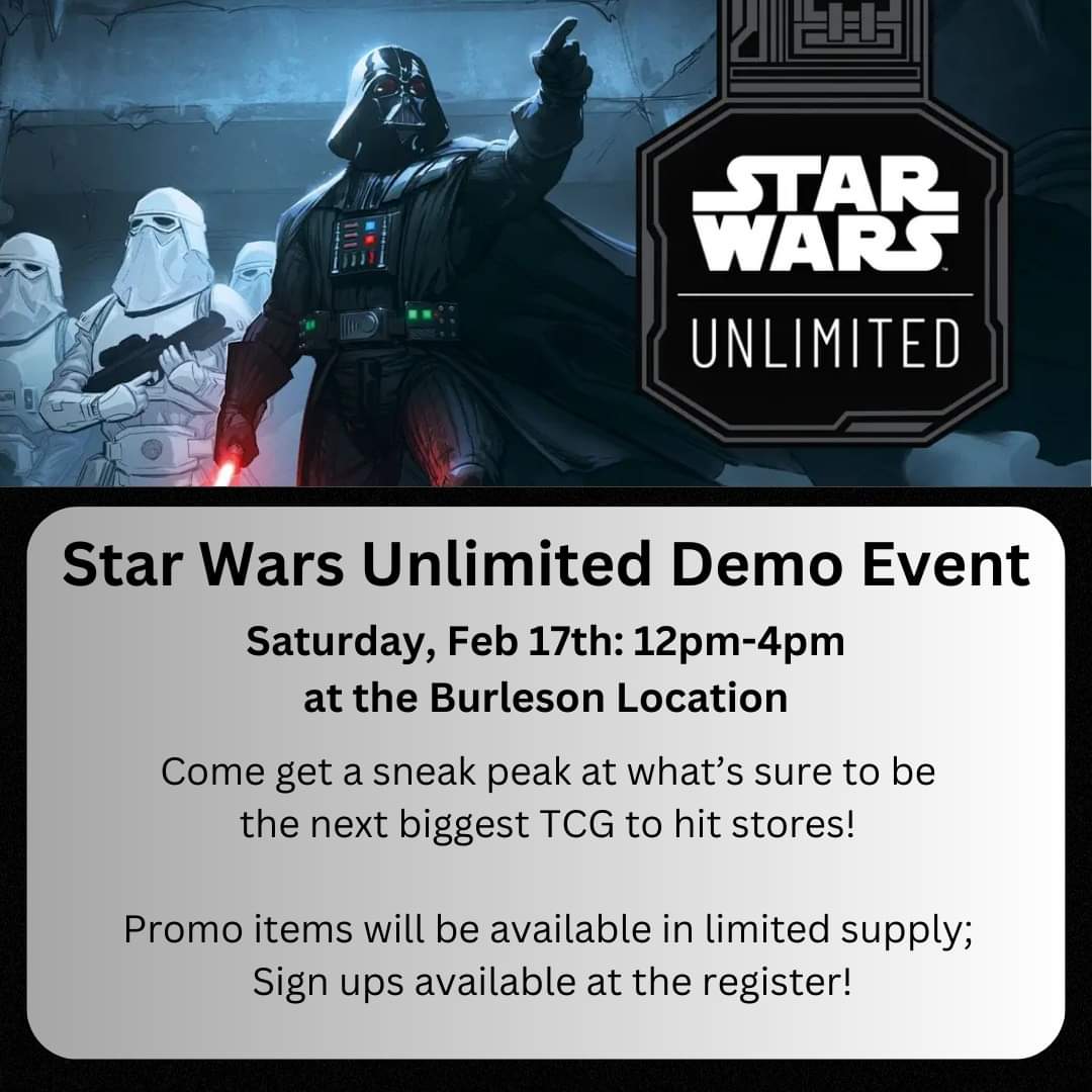 Come in and get a sneak peak at the highly anticipated Star Wars Unlimited!

#starwarsunlimited #starwarsunlimitedtcg #localgamestore #geekouttx #shoplocal #shopsmall