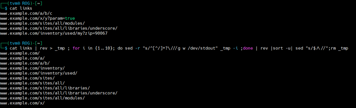 Quick-and-dirty way to return all combinations of url paths. e.g. Use as input for web fuzzers/nuclei to maximise findings...💻🪲
cat links | rev > _tmp ; for i in {1..10}; do sed -r "s/^[^/]*?\///g w /dev/stdout" _tmp -i ;done | rev |sort -u| sed "s/$/\//";rm _tmp #bugbountytips