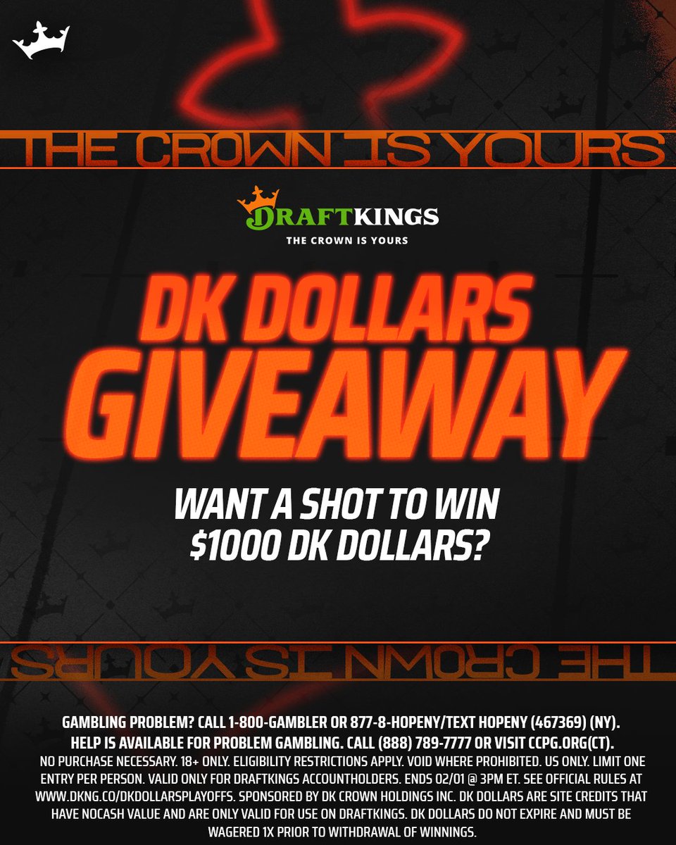 DraftKings's tweet image. Ready for a GIVEAWAY? 🤑

We're picking 2 WINNERS for $1000 DK Dollars. Here's how to enter: 

1. Follow @DraftKings 
2. Like this post  

Ends 02/01/24 at 3pm ET. RULES: dkng.co/dkdollarsplayo…

#TheCrownIsYours
