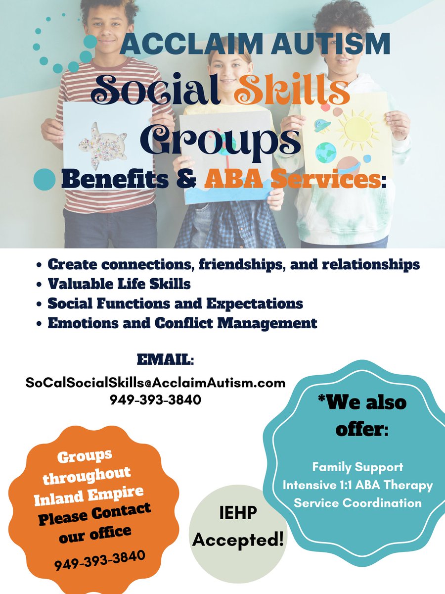 ARE YOU LOOKING FOR A SOCIAL SKILLS GROUP IN INLAND EMPIRE? Look no further! Acclaim Autism offers Socials Skills Group alongside our ABA services. If you're in the Inland Empire area CLICK THE LINK BELOW! #autism #family #acclaimautism loom.ly/-ugugzM