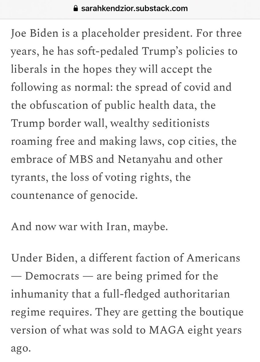 Political Mac 11 (@mackpolitical) on Twitter photo “Some Democrats now accept the things they swore they would never accept, at the expense of the most vulnerable, for no reason other than fear of Trump. This is pale horse race politics: inhumane policies embraced simply because one’s preferred party backs them.” - <a href="/sarahkendzior/">Sarah Kendzior</a> “Some Democrats now accept the things they swore they would never accept, at the expense of the most vulnerable, for no reason other than fear of Trump. This is pale horse race politics: inhumane policies embraced simply because one’s preferred party backs them.” - <a href="/sarahkendzior/">Sarah Kendzior</a>