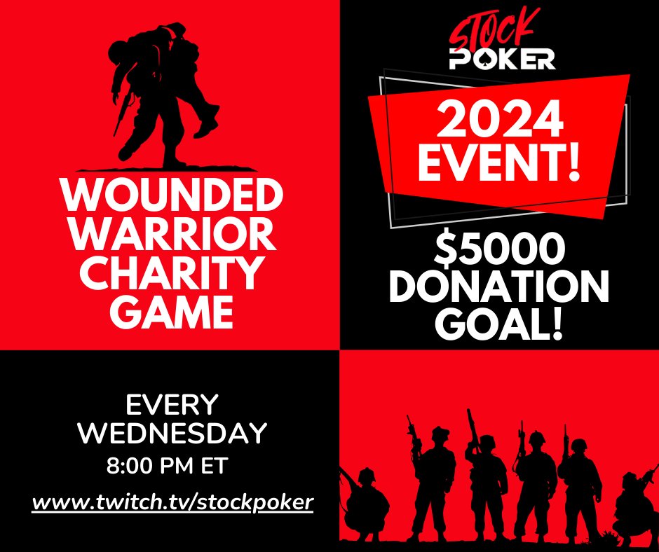 Going live twitch tv stockpoker Early Bird #giveaway in one hour Two hours to #woundedwarrior charity game start ($980 already donated this year & well on way to our 2024 $5k goal)