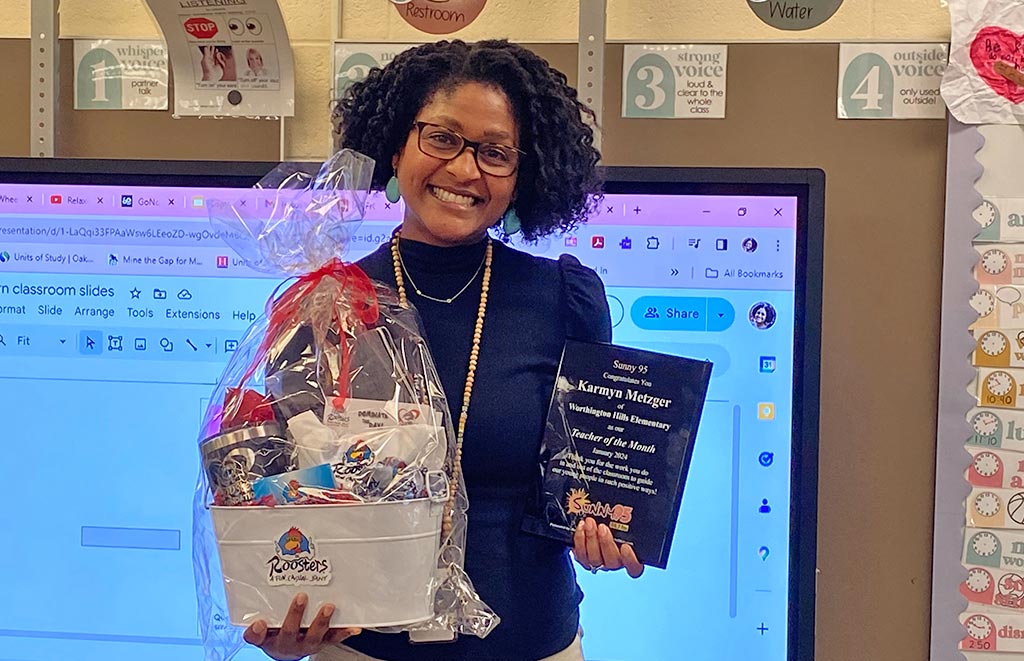 Sunny 95 (@sunny_95) on Twitter photo Sunny 95 & <a href="/Roosters/">Roosters Restaurant</a> congratulate Karmyn Metzger, our January 2024 #TeacheroftheMonth at Worthington Hills Elementary! Her quick response saved a student's life from a life-threatening choking incident. Kudos to her heroism and dedication to her student's well-being! Sunny 95 & <a href="/Roosters/">Roosters Restaurant</a> congratulate Karmyn Metzger, our January 2024 #TeacheroftheMonth at Worthington Hills Elementary! Her quick response saved a student's life from a life-threatening choking incident. Kudos to her heroism and dedication to her student's well-being!