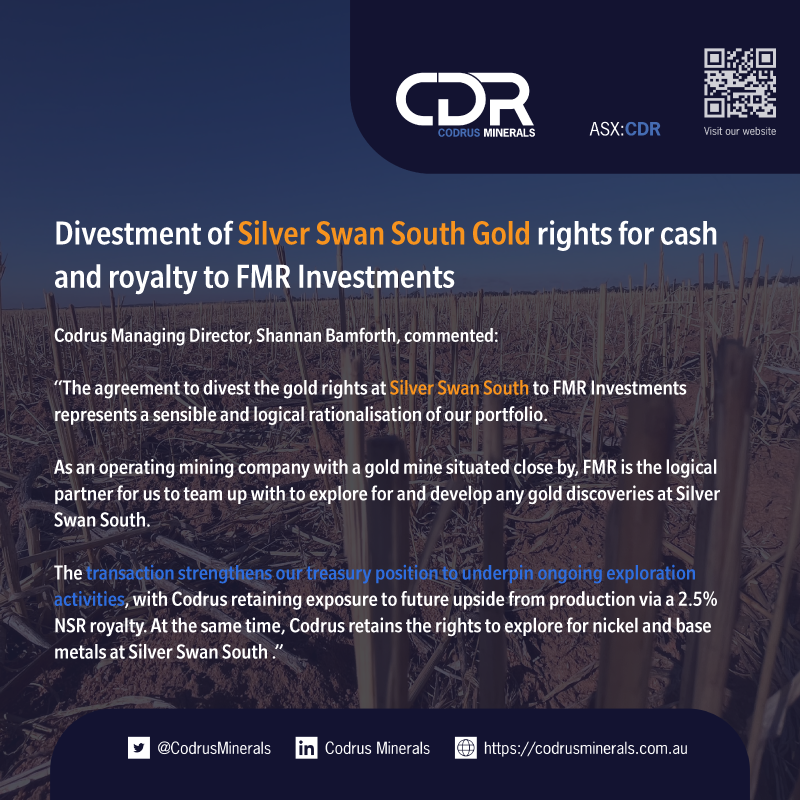 CodrusMinerals's tweet photo. 📣 Sale of Silver Swan South Gold Rights for Cash and Royalty.

🎯Transaction provides exposure and upside to future gold production.

💰Cash component bolsters cash balance to underpin ongoing exploration activities at its key #REE and #gold projects.  

⛏️Exploration activities including ground geophysics continuing at the #Karloning REE Project in WA, with results eagerly awaited.

Click to read -> https://t.co/vfEnDjUBqm