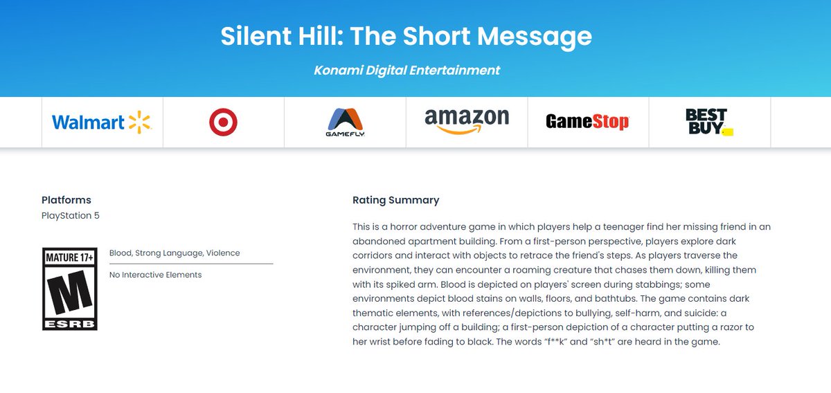 Wario64's tweet photo. Silent Hill: The Short Message ESRB description https://t.co/YFBMFAabRh