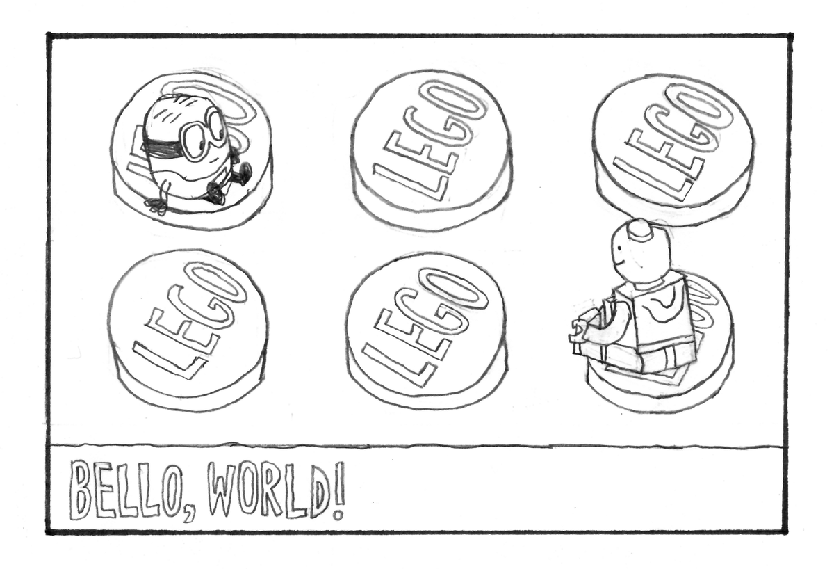 (1/11) preview of my comic "bello, world!". it's about a minion who leaves gru's lab to experience a larger world (and falls in love with a lego man!).