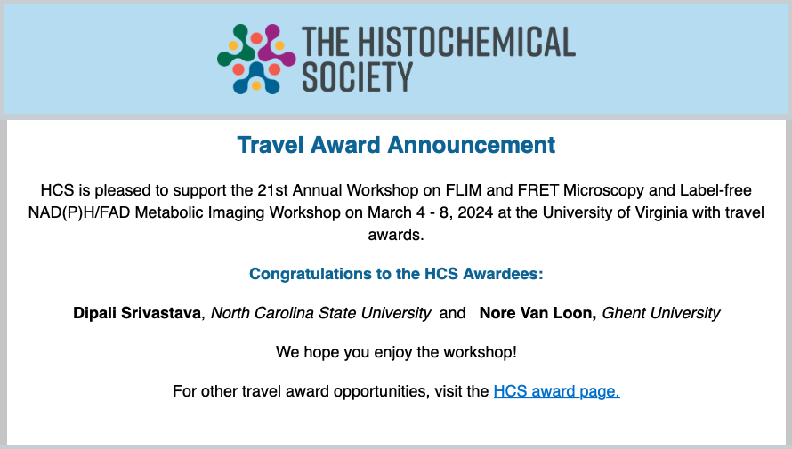 histochemnews's tweet photo. Congratulations to the HCS Travel Awardees: Nore Van Loon from Ghent University and Dipali Srivastava from North Carolina State University (https://t.co/Ze8Oni6H6I)! https://t.co/LPRtErfF9W