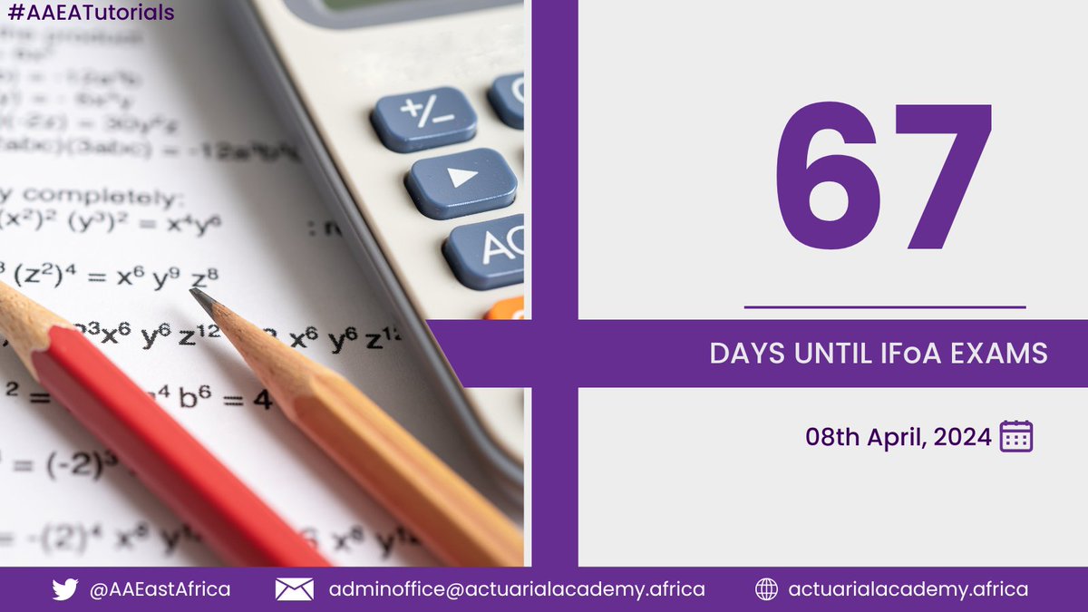 Actuarial Academy of East Africa (AAEA) (@aaeastafrica) on Twitter photo Nine weeks to April's IFoA exams. Register today for tutorials and let us walk with you through the journey.
More info: actuarialacademy.africa/tutorials/
Contact us: adminoffice@actuarialacademy.africa
#AAEATutorials #Actuarial #Education #Excellence #Academy #IFoA #Exams Nine weeks to April's IFoA exams. Register today for tutorials and let us walk with you through the journey.
More info: actuarialacademy.africa/tutorials/
Contact us: adminoffice@actuarialacademy.africa
#AAEATutorials #Actuarial #Education #Excellence #Academy #IFoA #Exams