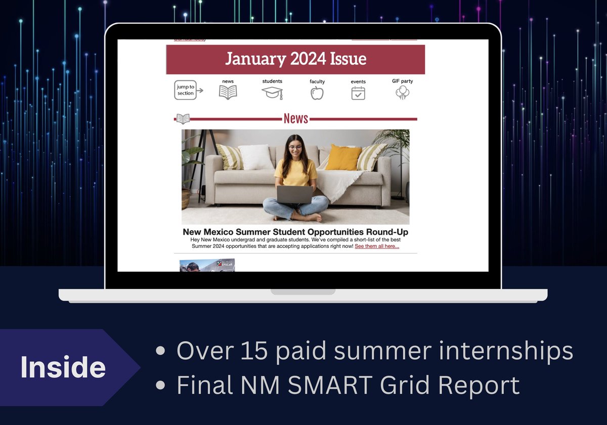NMEPSCoR's tweet image. January 2024 News
Inside: Summer research internships specifically for New Mexico students and a fancy annual report you may be in! Check it out: mailchi.mp/aac741eb645e/j…
#NSFfunded #NSFstories #epscor #nmespcor #epscoridea @olga_lavrova @NMSUVPR @newmexicotech @unmnewsroom