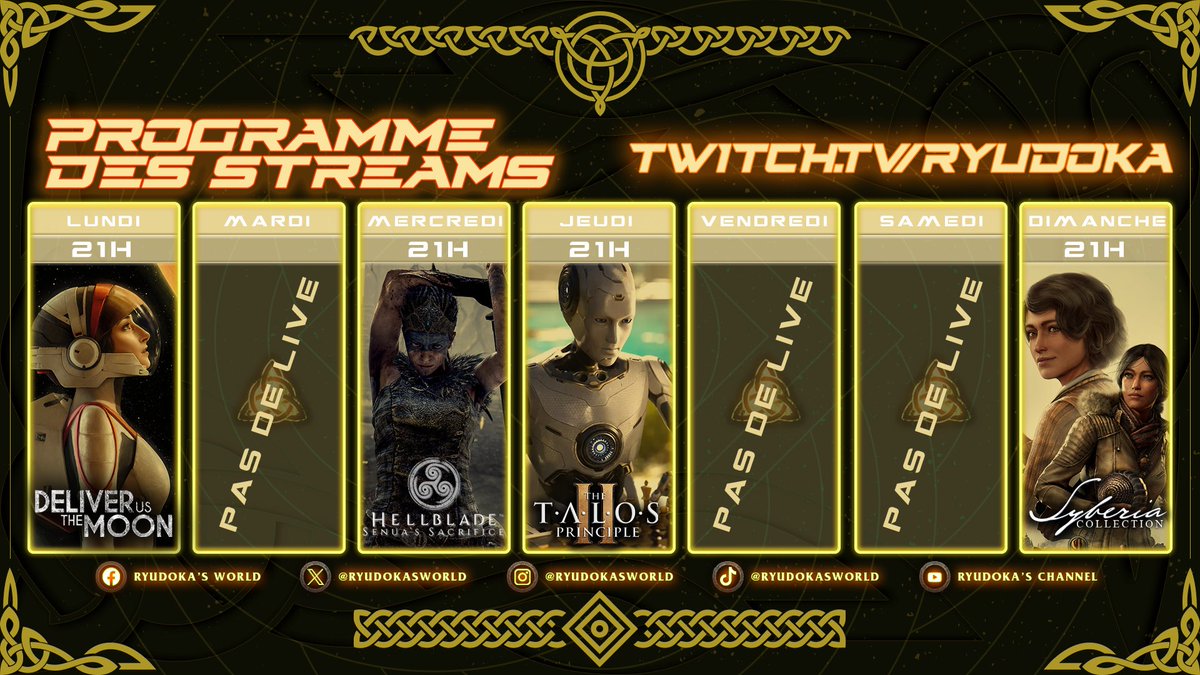 Ryudokasworld's tweet photo. Nouveau planning pour les prochaines semaines sur ma chaîne : https://t.co/24tFU35Wak 
#twitchfr #twitch #gaming #jeuxvideo #fr #twitchstreamer #streamer #twitchaffiliate #talosprincipleii #DeliverUsMars  #Hellblade #Syberia https://t.co/bnvEly7PNI