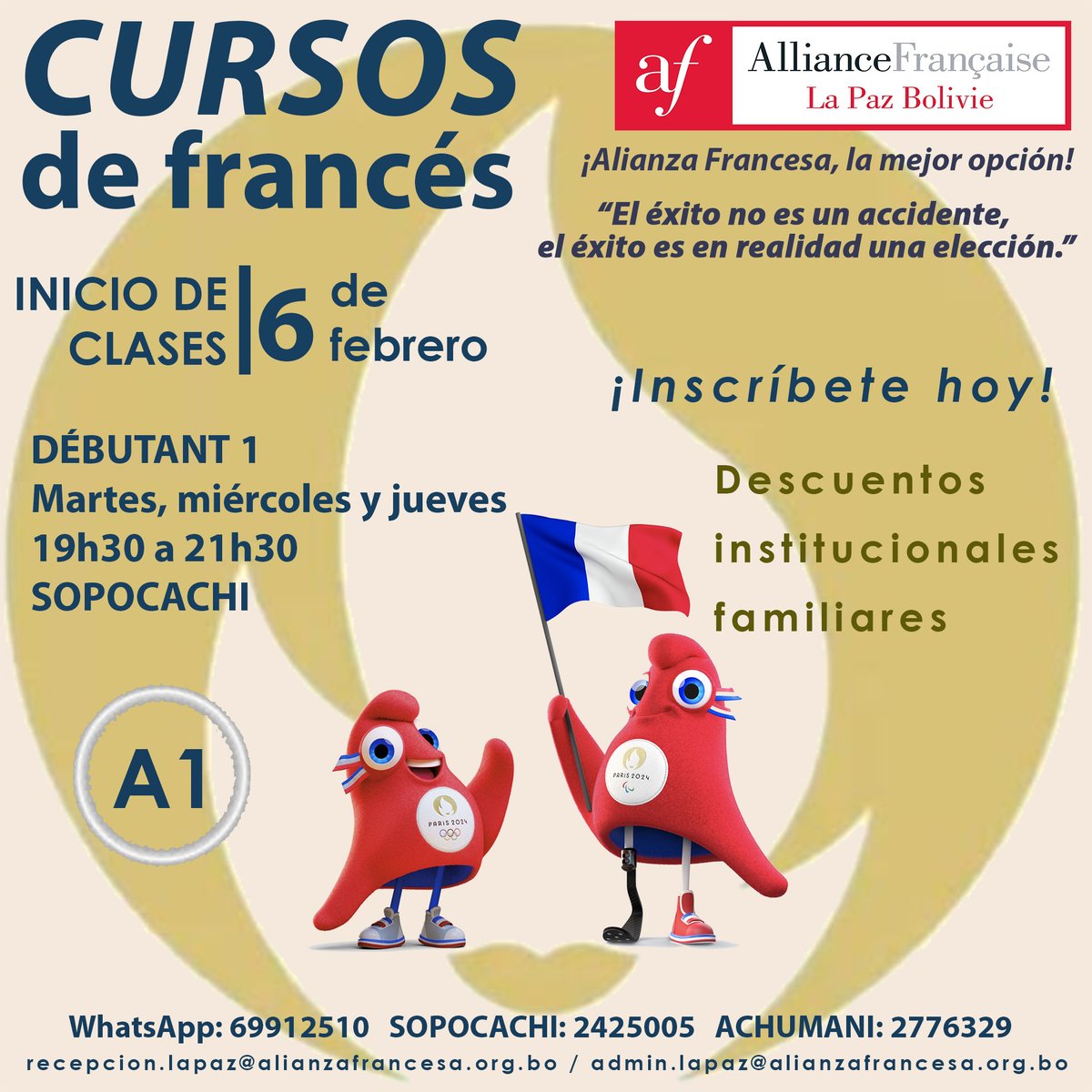 ✅Alianza Francesa Sopocachi✅
INSCRIPCIONES ABIERTAS
🔆Inicio de clases 6 de febrero🔆
WhatsApp llamadas El Alto 77258048
#alianzafrancesaelalto #alianzafrancesaachumani #alianzafrancesalapaz #alianzafrancesaanexooruro #alianzafrancesabolvia #GAMEA #cursos #cursos2024 #jóvenes