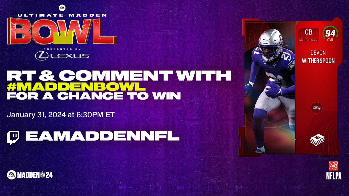 Day 1 was fire, Day 2 brings even more heat!

RT, Follow, and Comment #MaddenBowl for your chance to win this Devon Witherspoon.

Make sure you tune in to the broadcast starting at 630p EST at twitch.tv/eamaddennfl
