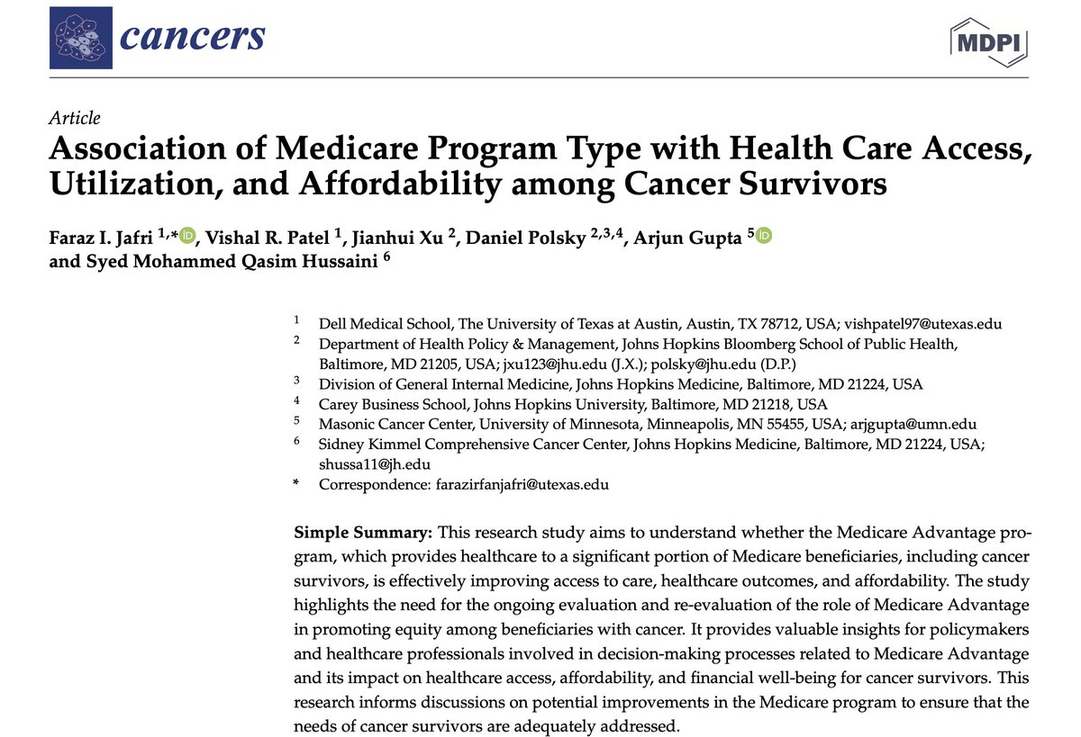 Qasim Hussaini, MD (@qasimhussainimd) on Twitter photo Exciting findings from our team led by <a href="/Farazjafri1/">Farazjafri, MD, MBA</a> and <a href="/vrpatel97/">Vishal Patel</a> at <a href="/DellMedSchool/">Dell Medical School</a> challenge the notion that #MedicareAdvantage enhances access, outcomes & affordability for cancer survivors. It may not be more cost effective than traditional Medicare.
mdpi.com/2072-6694/15/1… Exciting findings from our team led by <a href="/Farazjafri1/">Farazjafri, MD, MBA</a> and <a href="/vrpatel97/">Vishal Patel</a> at <a href="/DellMedSchool/">Dell Medical School</a> challenge the notion that #MedicareAdvantage enhances access, outcomes & affordability for cancer survivors. It may not be more cost effective than traditional Medicare.
mdpi.com/2072-6694/15/1…