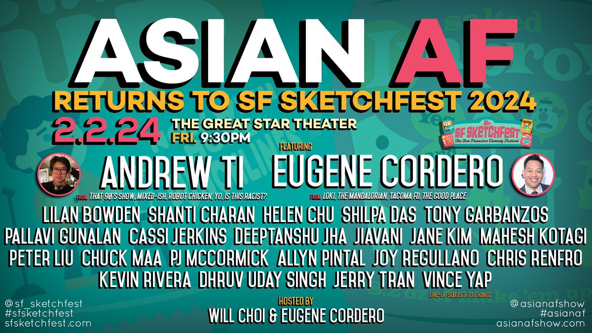 AsianAFshow's tweet photo. @SFSketchfest @ANDREWTI @yoisthisracist @netflix @LokiOfficial @ShantiCharan @DeeptanshuJha @jha_deeptanshu @GreatStarSF @jrrytrn @yourfriendLilan @Shilpadee @ToeKneeBeans @PallaviGunalan @cassijerkins @Jiavani @FilipinoAFshow @peejmccormick @joyregullano And our final 3 talented Improvisors who will be performing at ASIAN AF / SF SKETCHFEST 2024 this Friday, February 2nd @ 9:30pm at the Great Star Theater! 

✨ KEVIN RIVERA!
✨ @DHRUVUDAYSINGH!
✨ VINCE YAP!

BUY TICKETS 🎟️: https://t.co/2XHcn8OsRx https://t.co/pzf9ELsoVS