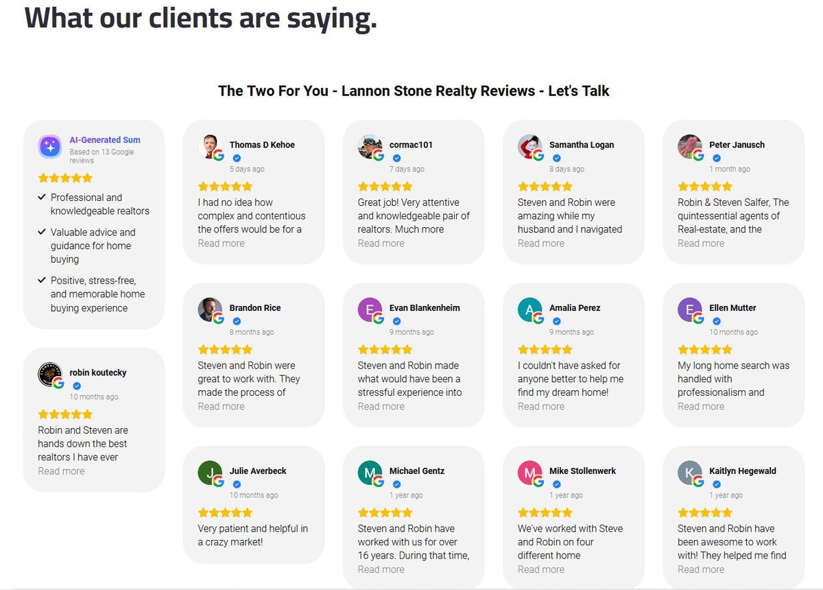 Take a look at what our clients are saying. 
Then let us apply our Realtor/Broker Experience - Dedication - Commitment since 1997 to work for you, as we do for all our clients. 
buff.ly/48Mx8CB 
#thetwoforyou #forallyourrealestateneeds #lannonstonerealty #realestate